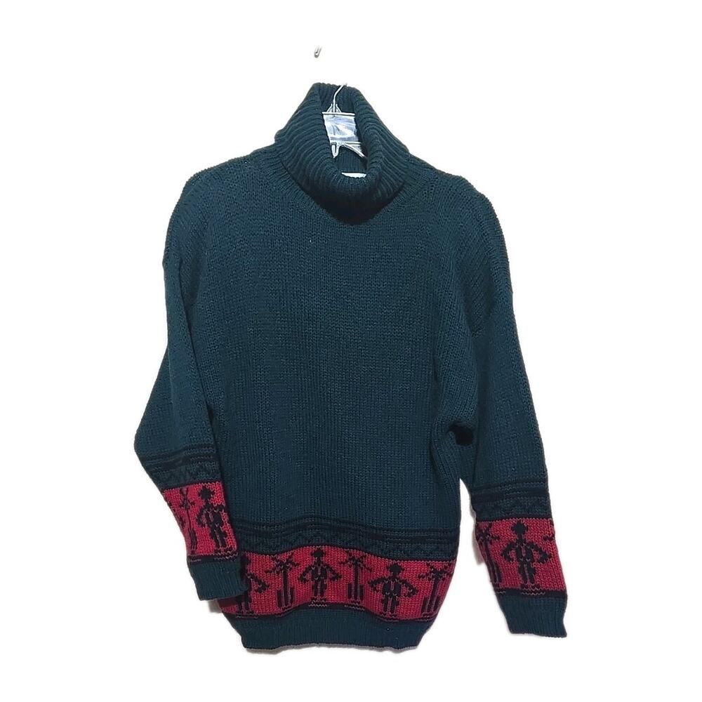Vtg 80s Illustrations Green Aztec Shetland Wool Turtleneck Sweater Womans Med
